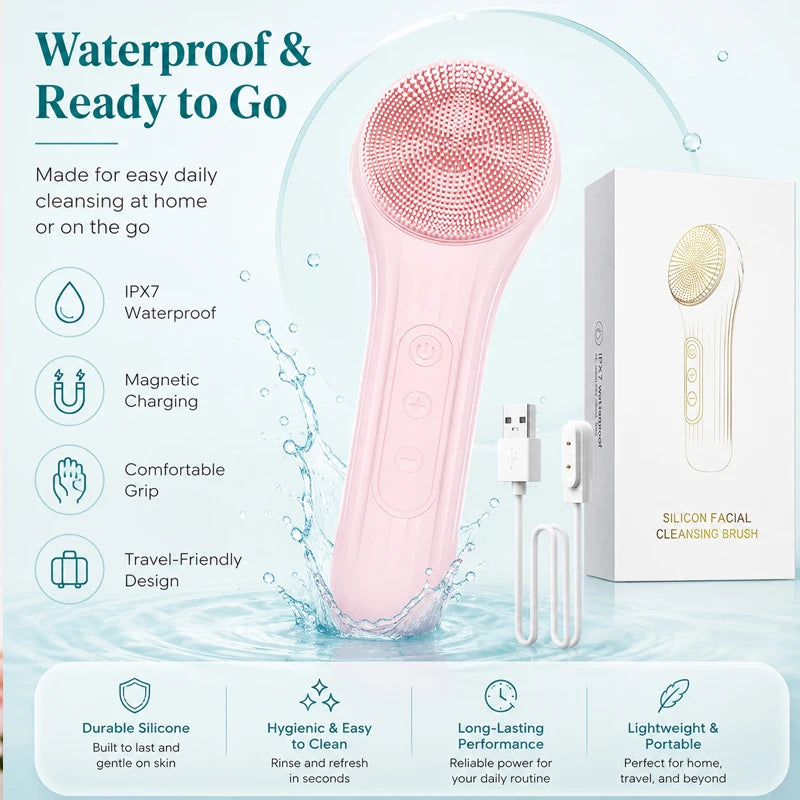 Pink facial cleansing brush with packaging and features listed on a light blue background