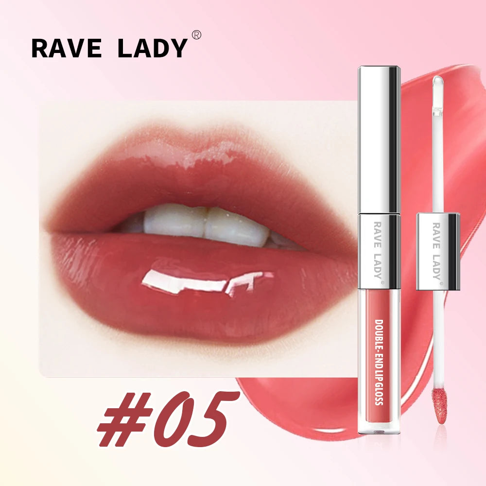 Rave Lady 2 In 1 Double-End Matte Moisturizing Lip Oil Glaze Gloss Glass Shimmer Liquid Lipstick Glossy Mirror Shine Lip Care