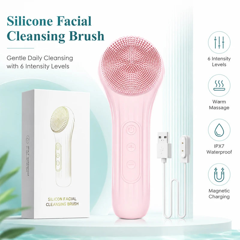 Pink silicone facial cleansing brush with packaging and charging cable on a light blue background