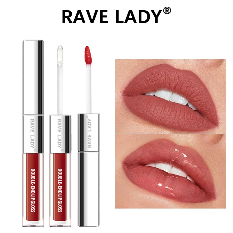 Rave Lady 2 In 1 Double-End Matte Moisturizing Lip Oil Glaze Gloss Glass Shimmer Liquid Lipstick Glossy Mirror Shine Lip Care