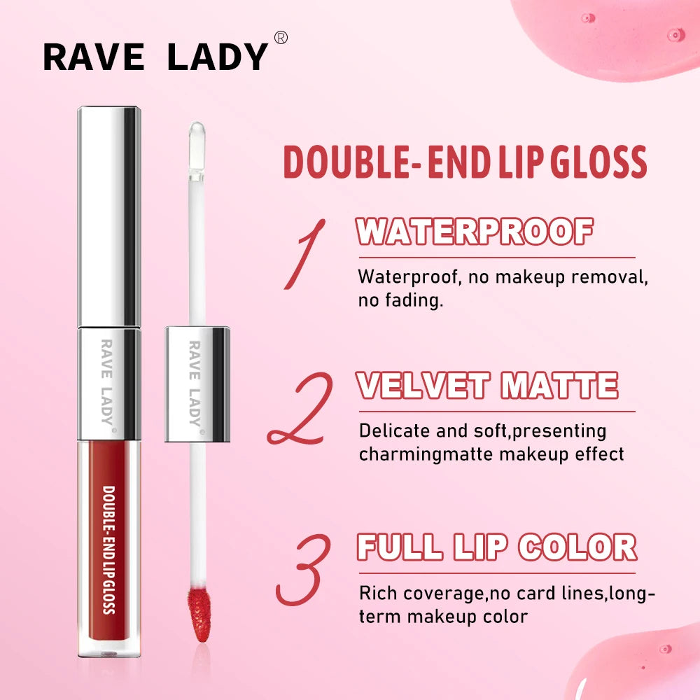 Rave Lady 2 In 1 Double-End Matte Moisturizing Lip Oil Glaze Gloss Glass Shimmer Liquid Lipstick Glossy Mirror Shine Lip Care