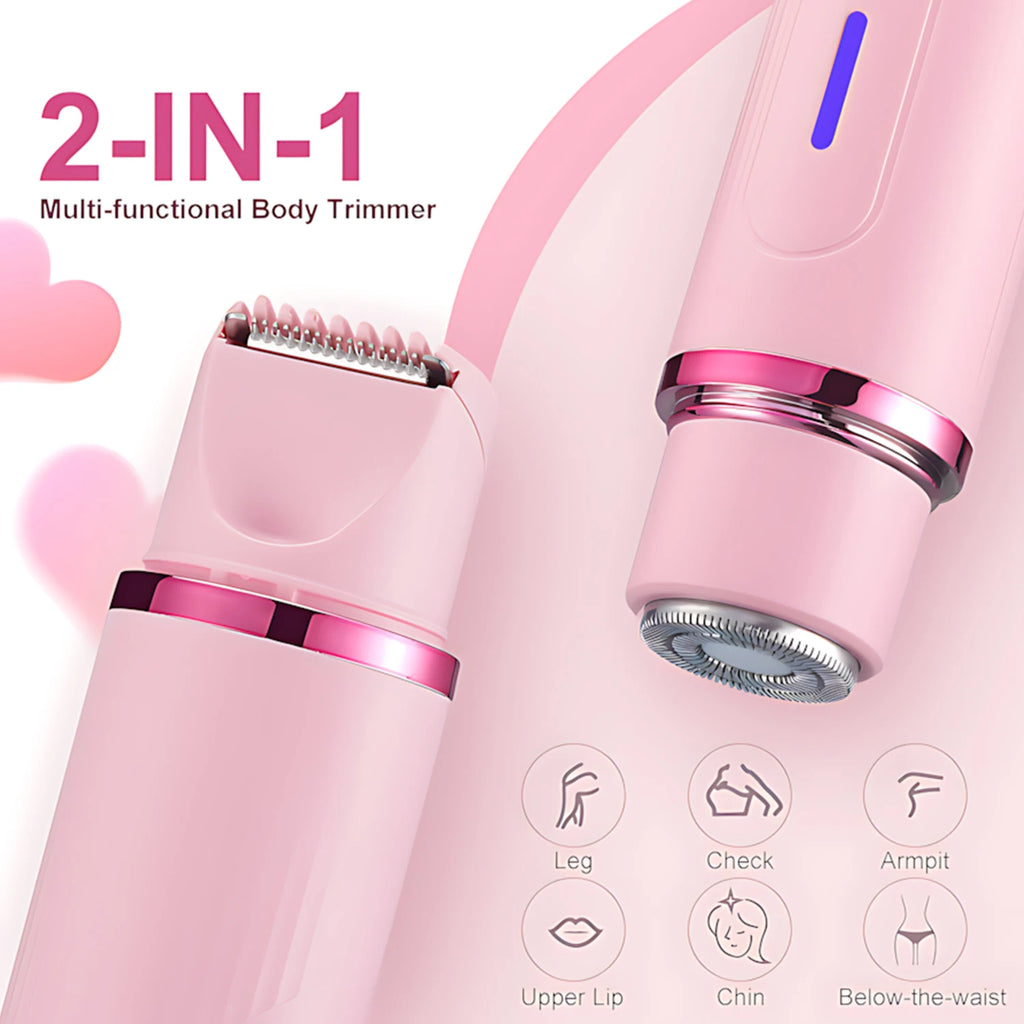 Pink 2-in-1 multi-functional body trimmer with attachments on a white background