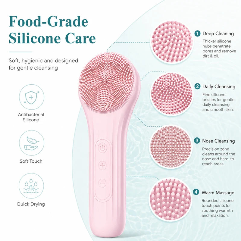 Pink silicone cleaning brush with features highlighted on a light blue background