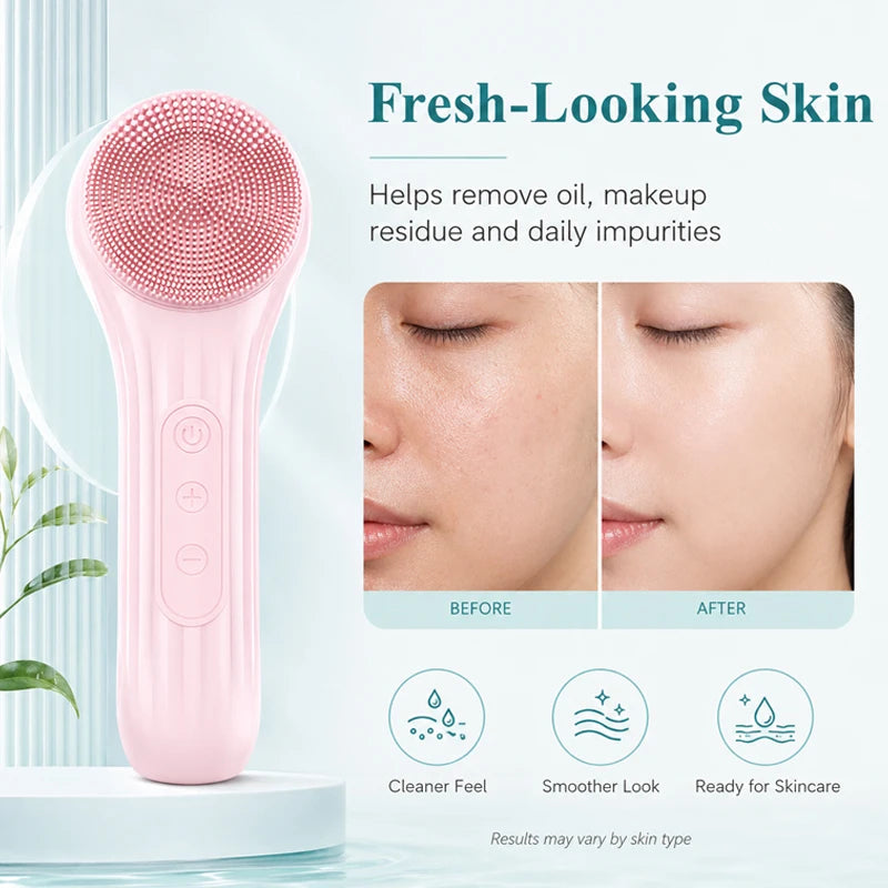 Pink facial cleansing brush with before and after effects on skin on a light blue background