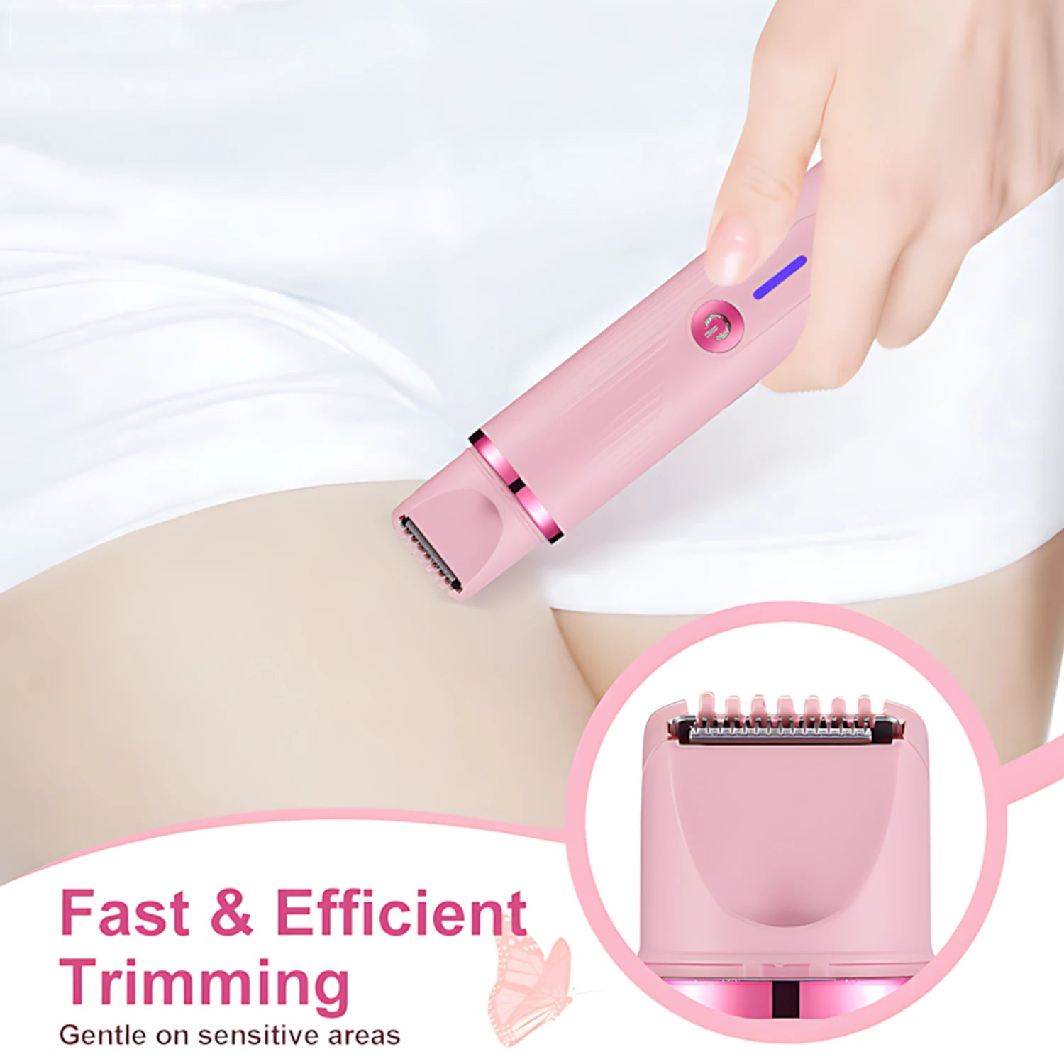 Pink hair removal device being used on a person's leg with text 'Fast & Efficient Trimming' and 'Gentle on sensitive areas'.