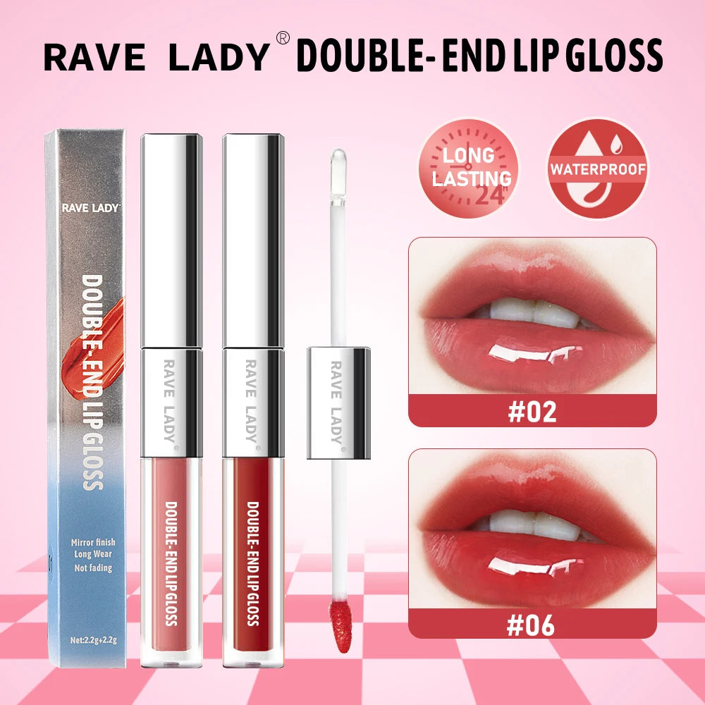 Rave Lady 2 In 1 Double-End Matte Moisturizing Lip Oil Glaze Gloss Glass Shimmer Liquid Lipstick Glossy Mirror Shine Lip Care
