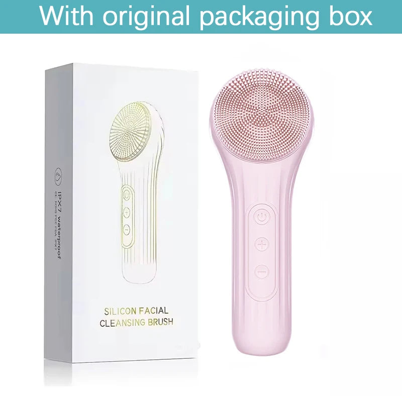 Pink silicone facial cleansing brush with original packaging box on a white background