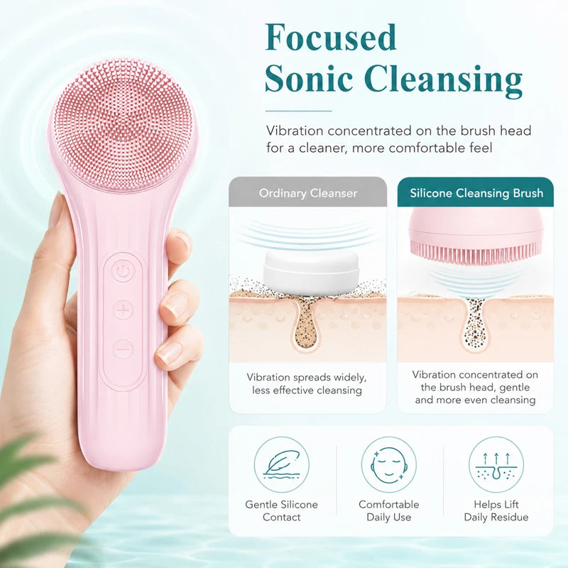 Pink silicone cleansing brush held by a hand with text explaining focused sonic cleansing.