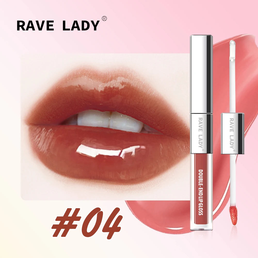 Rave Lady 2 In 1 Double-End Matte Moisturizing Lip Oil Glaze Gloss Glass Shimmer Liquid Lipstick Glossy Mirror Shine Lip Care