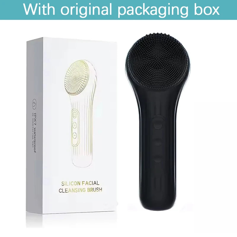 Black silicone facial cleansing brush with original packaging box on a white background